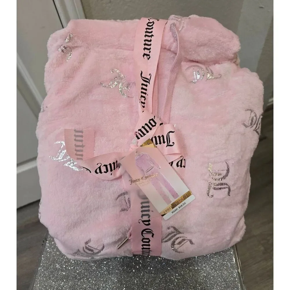 Juicy Couture 2-PC Silver Foil Logo Velour Hoodie &‎ Pant PJ Set
